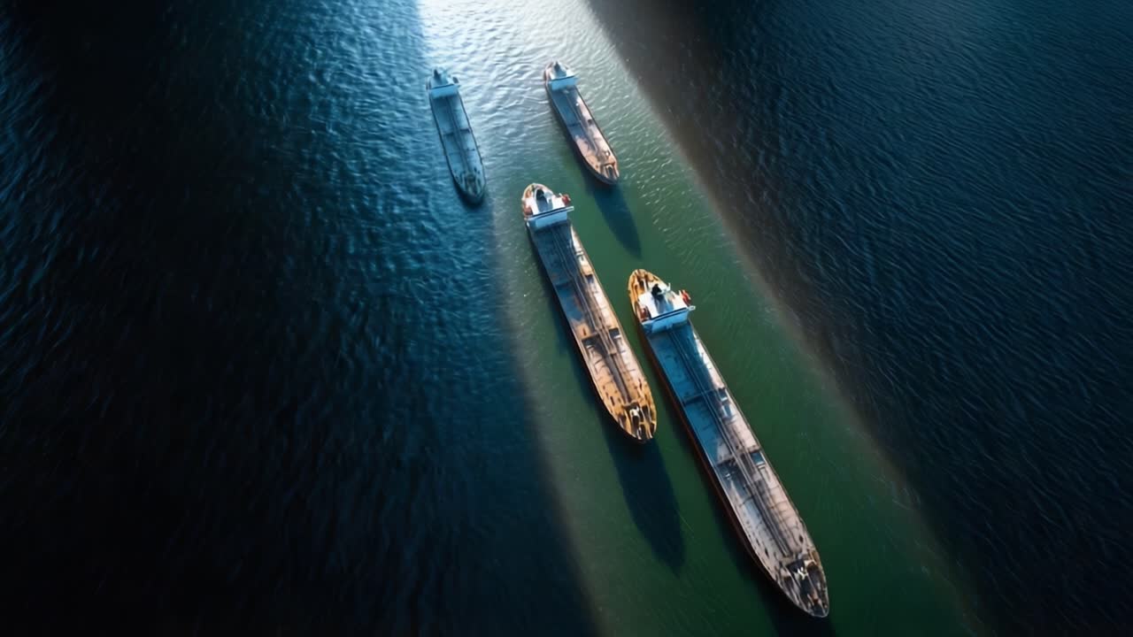 Aerial view of multiple cargo ships sailing in a narrow waterway. Ships glide slowly through calm, dark water under soft sunlight. Shadows stretch across the water, highlighting the vessels' paths