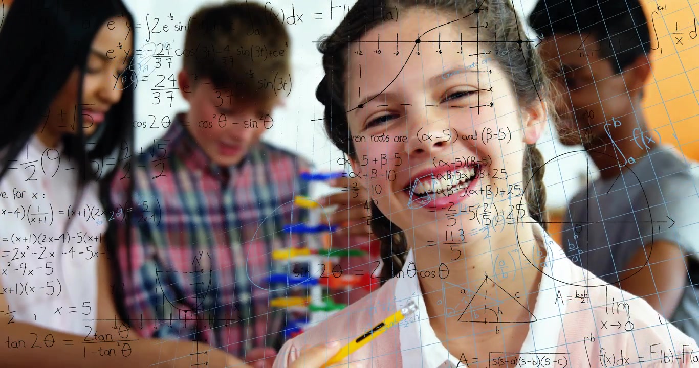 Formulas sliding overlaying STEM as teenage girl holding pencil smiling and peers stacking blocks