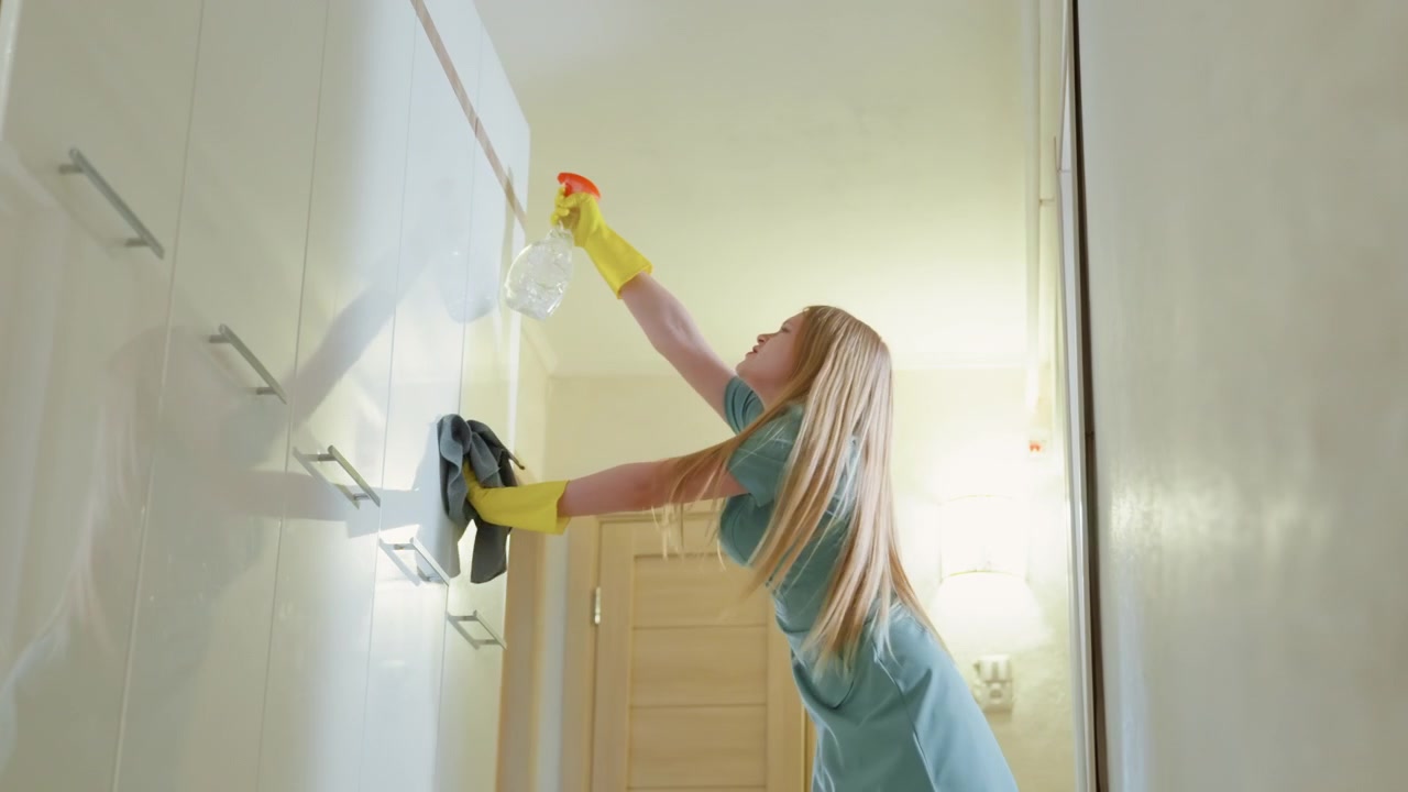 Donna caucasica bionda che pulisce il corridoio, spruzzando e pulendo pannelli a muro lucidi con guanti di gomma e panno in microfibra mentre raggiunge un armadietto alto, piastrelle riflettenti, porta di legno, luce interna calda