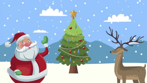 animación de feliz navidad con ciervos y papá noel