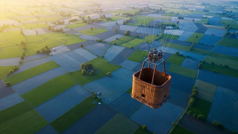 aerial view of a hot air balloon floating over lush green fields during golden hour, capturing the serenity and beauty of nature from above