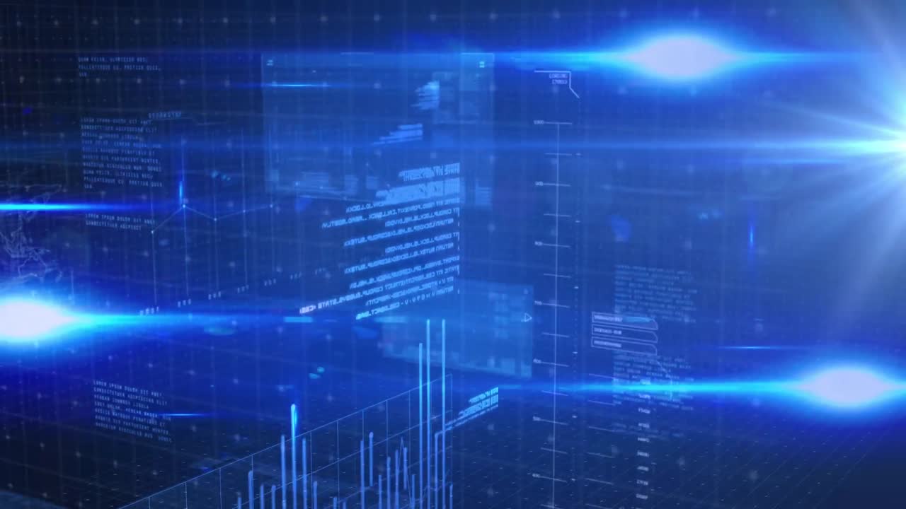 파란색 배경 위의 디지털 데이터 처리의 애니메이션