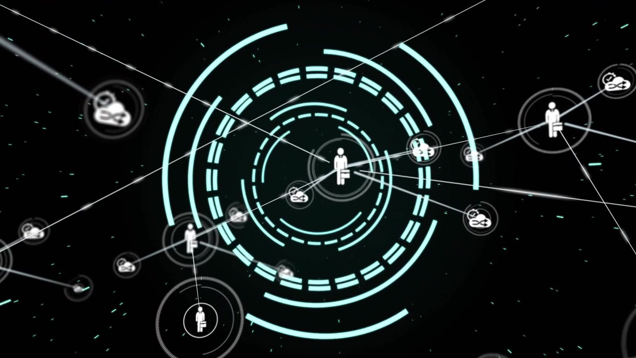 Avatar centrale pulsante, anelli concentrici ciano che attirano i nodi verso l'interno, visualizzando una rete aziendale