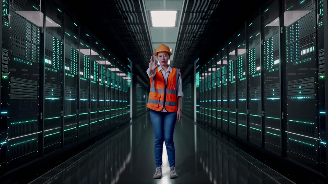 Full Body Of Asian Female Engineer With Safety Helmet Disapproving With No Hand Sign While Standing in Server Room Data Center