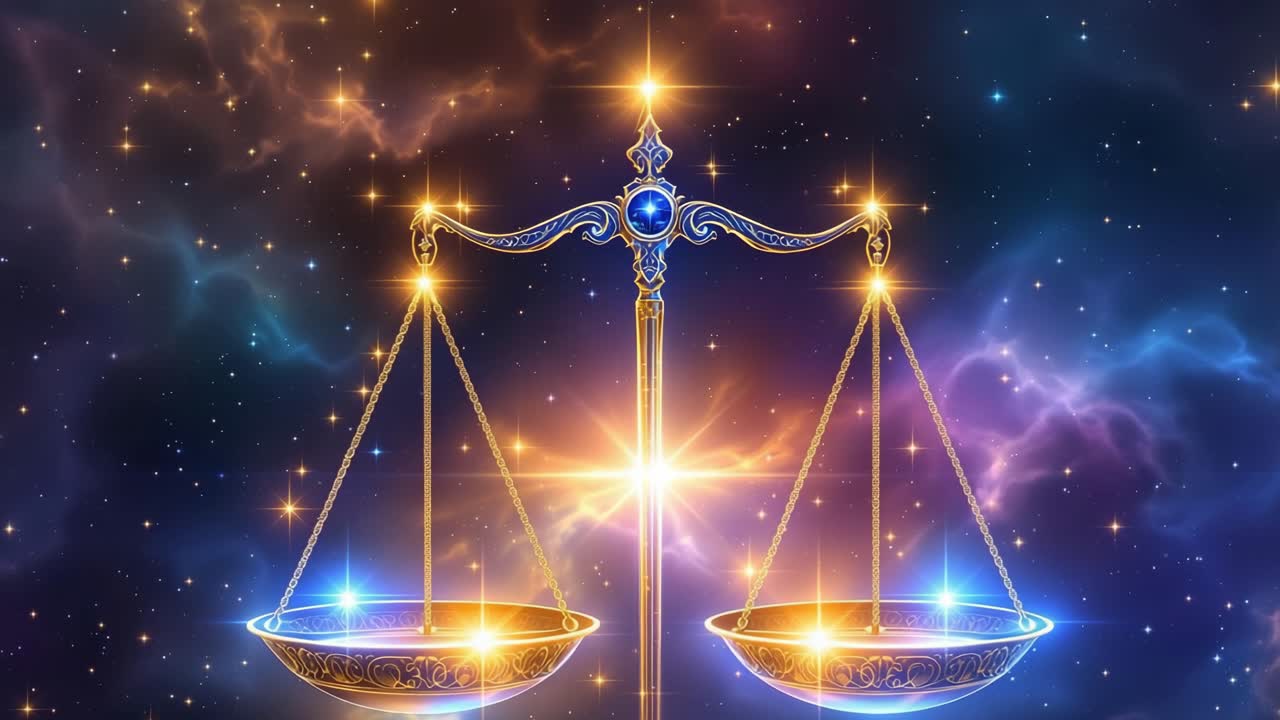 Celestial scales of justice illuminated by cosmic light, showcasing a harmonious balance in a vibrant starry universe, symbolizing fairness and equilibrium in the cosmos