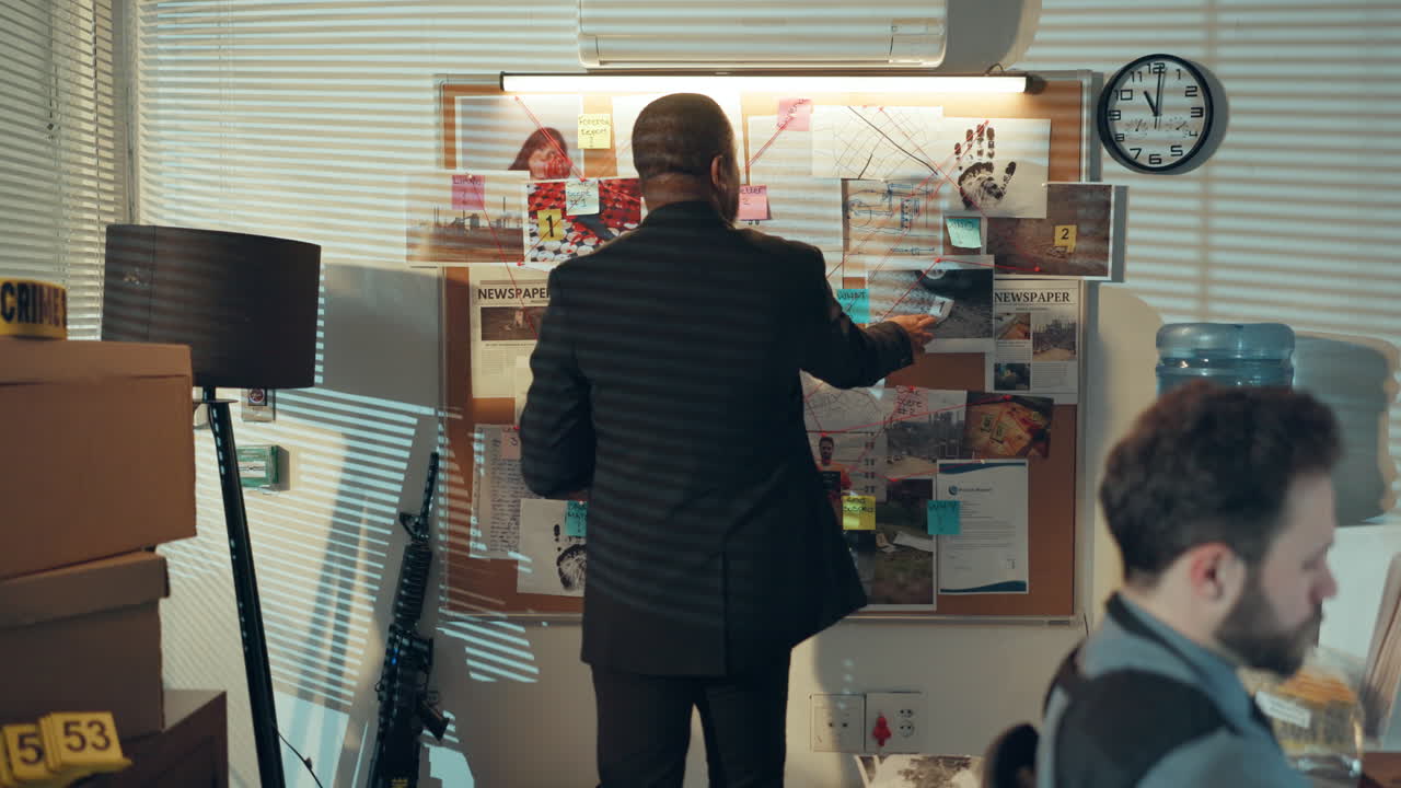 Detective investigating a case on a bulletin board in the office