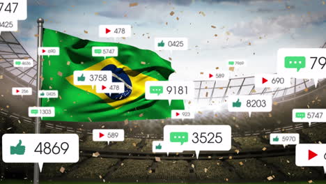 animación de iconos de las redes sociales y confeti cayendo sobre la bandera de brasil en contra del estadio deportivo.
