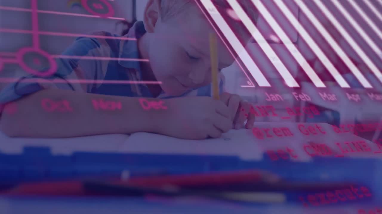 교실에서 백인 학교 소년에 대한 그래프의 애니메이션