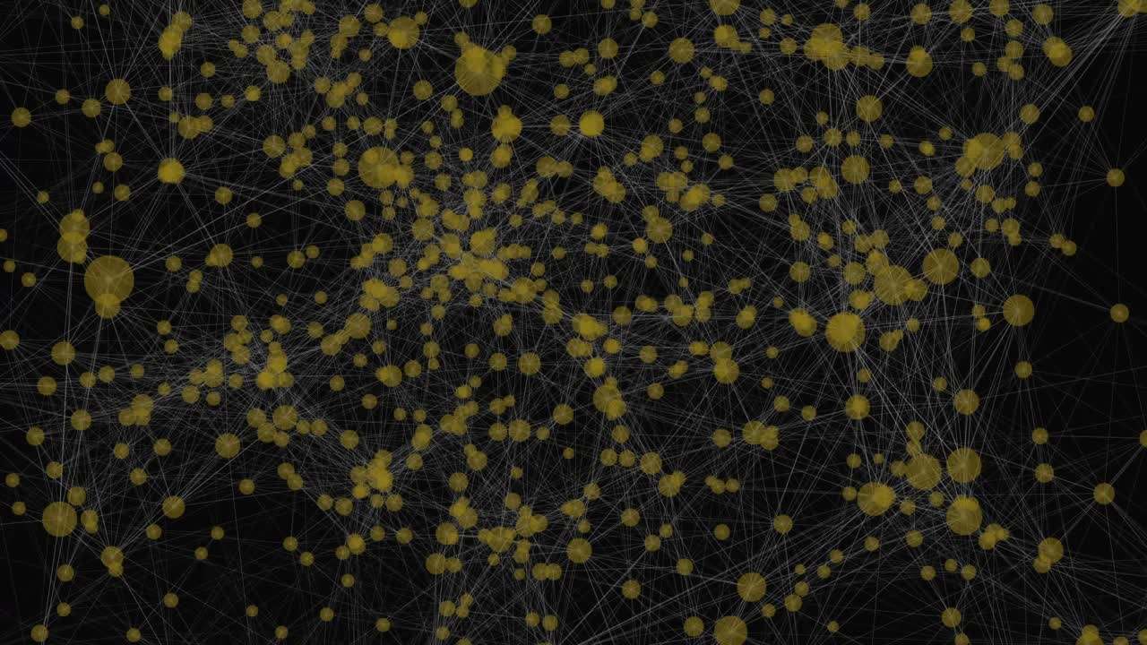 Starting yellow nodes floating, network clustering and rotating revealing binary and hex values