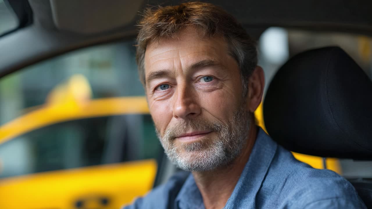 A middle-aged man with a thoughtful expression sits in the driver's seat of a vehicle, creating an inviting atmosphere as he engages with the viewer confidently