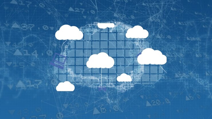 Animation of clouds with technology icons over brain and data on blue background