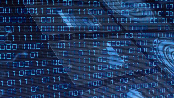 Overlaying animation of binary code on abstract blue technological background
