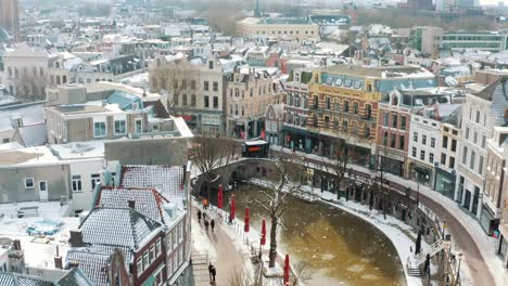 aerial - oudegracht canal frozen in winter in utrecht, netherlands, wide shot