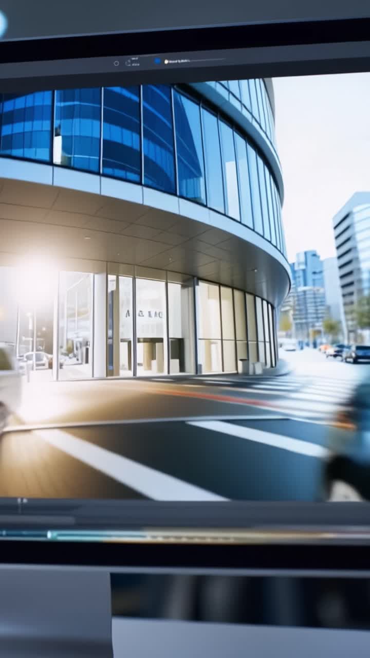 Renderização Dinâmica de Arquitetura Urbana Exibida em Monitor de Computador, Destacando o Contraste entre Natureza e Design Moderno em uma Exposição Artística