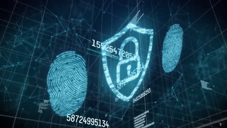 animation of numbers changing , glowing blue fingerprints and online security padlock