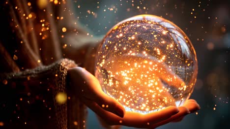 a mystical video concept featuring a close-up angle of hands holding a glowing orb