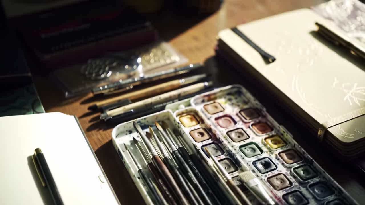 Ferramentas e materiais artísticos espalhados em uma superfície de trabalho com tintas de aquarela, pincéis e livros de desenho iluminados por luz natural