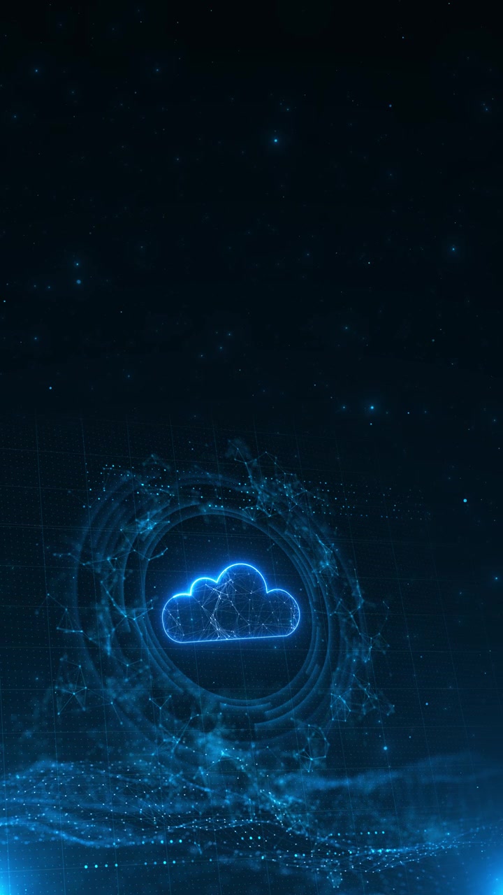 Digital cloud storage tech interface blue glowing outline connected particles network rings dark
