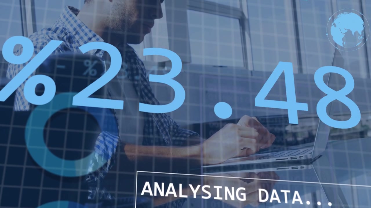 Male analyst at laptop typing and starting ANALYSING DATA overlay for live percentages updating