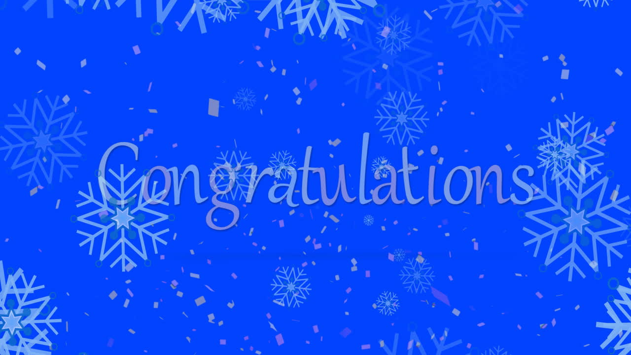 파란색 배경에 축하 텍스트 배너에 눈송이와 콘페티가 떨어지는 애니메이션