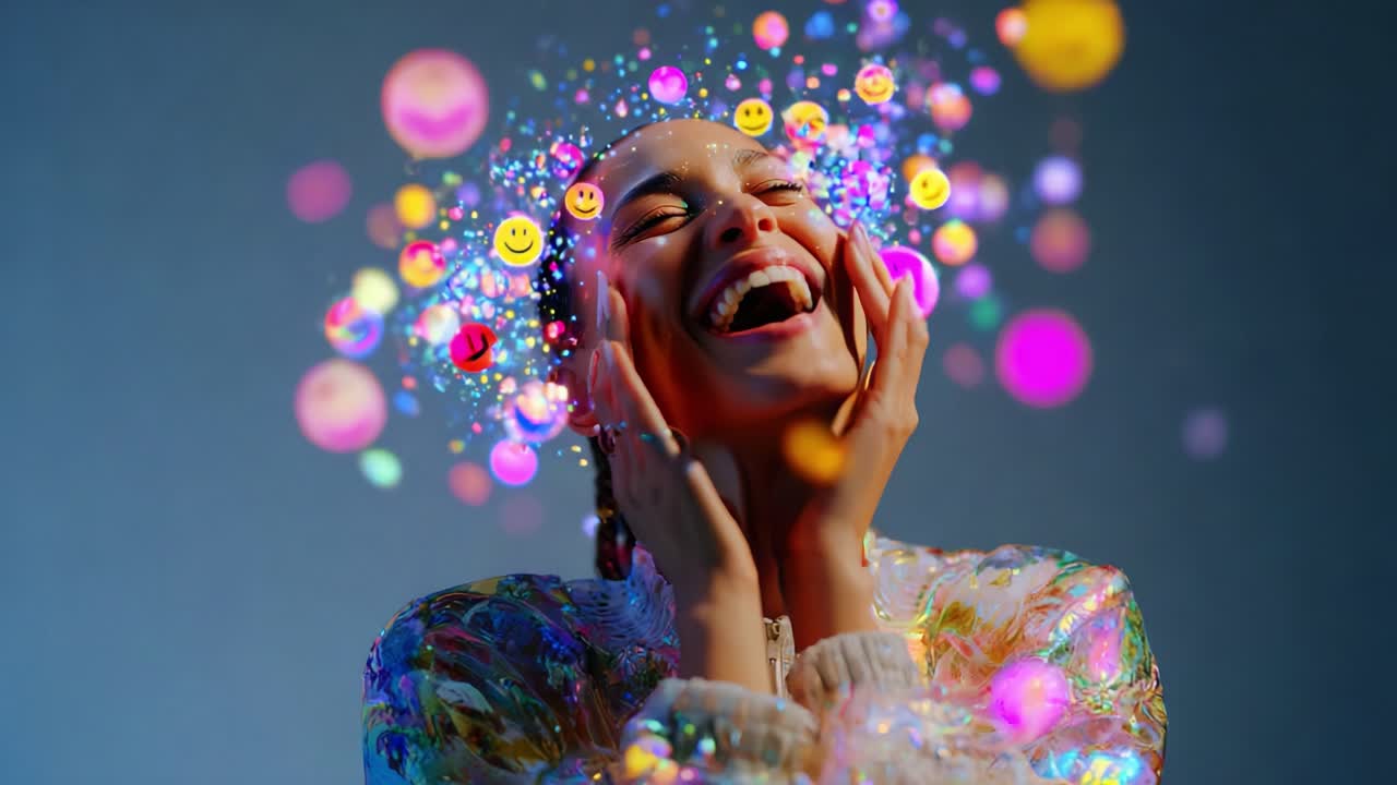 A joyful woman exudes happiness and positivity through a vibrant display of colorful emojis, confetti, and sparkling lights, embodying the essence of joy and celebration in her expression