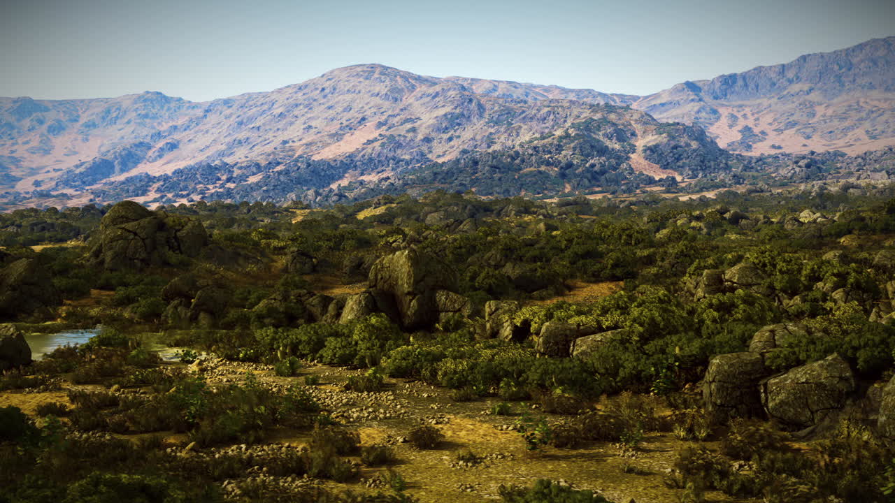 Vasto paesaggio montuoso con terreno roccioso e vegetazione lussureggiante alla luce del giorno