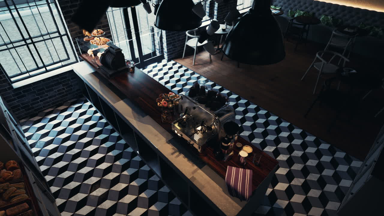 우아 한 카운터, 커피 기계, 그리고 매달린 램프 를 가진 현대적 인 커피