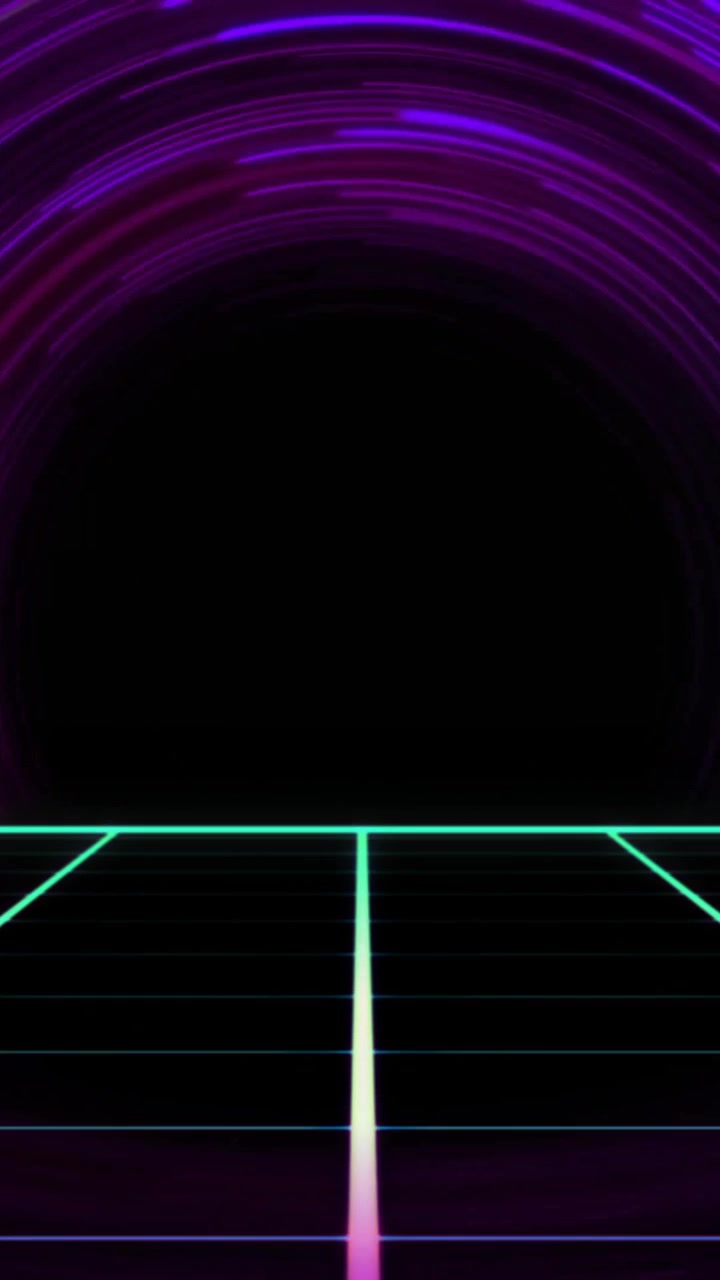 Pavimento a griglia al neon e tunnel viola luminoso, sfondo animato retro-futuristico