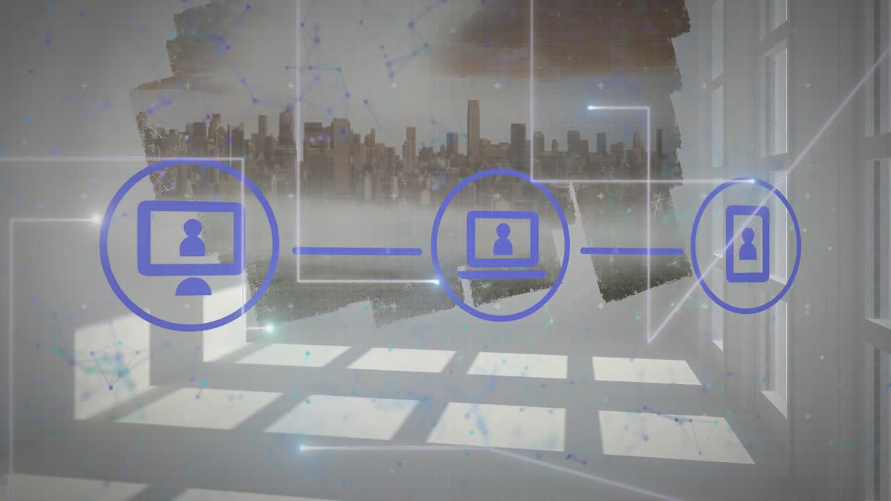 도시 풍경 위의 미디어 아이콘과 연결 네트워크의 애니메이션