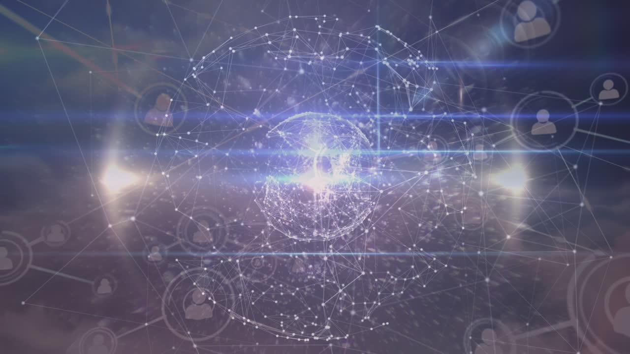 Animation of network of connections and data processing over cloudy sky