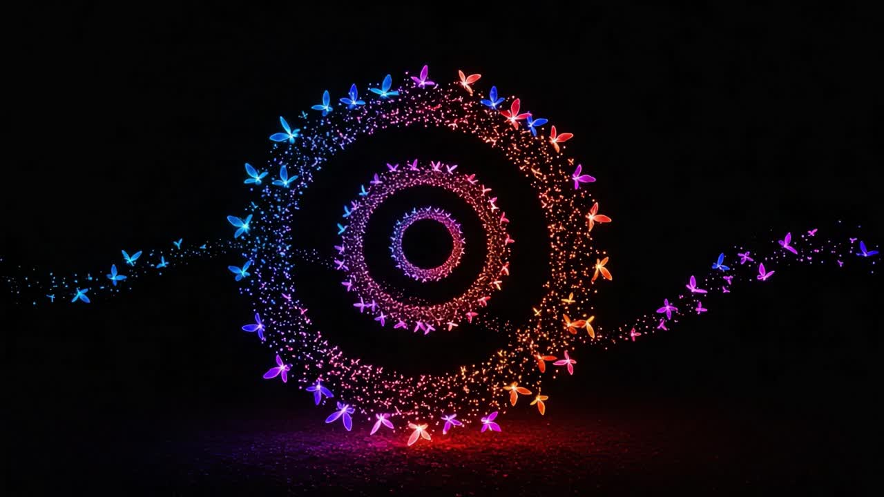 A Captivating Visual Journey Through a Dynamic Spiral of Colorful Sparks and Delicate Butterflies, Creating a Mystical and Enchanting Atmosphere
