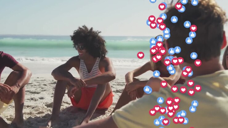 Animation de statistiques scolaires rouges et vertes sur des amis heureux s'amusant à la plage.