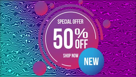 Animation-of-special-offer-50-percent-shop-now-text-on-purple-circle-and-pink-to-blue-background