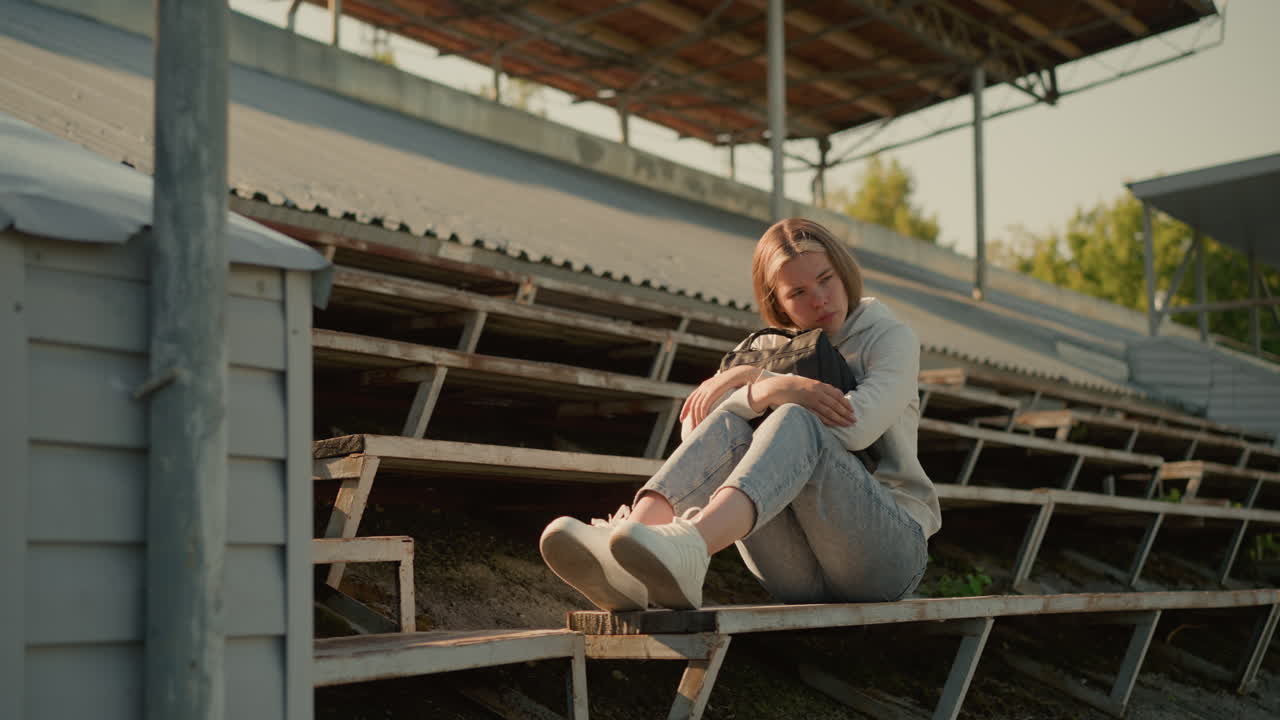 mujer pensativa se sienta sola en las gradas vacías del estadio, abrazando su bolsa mientras mira a su izquierda en contemplación tranquila, la luz del sol la ilumina suavemente