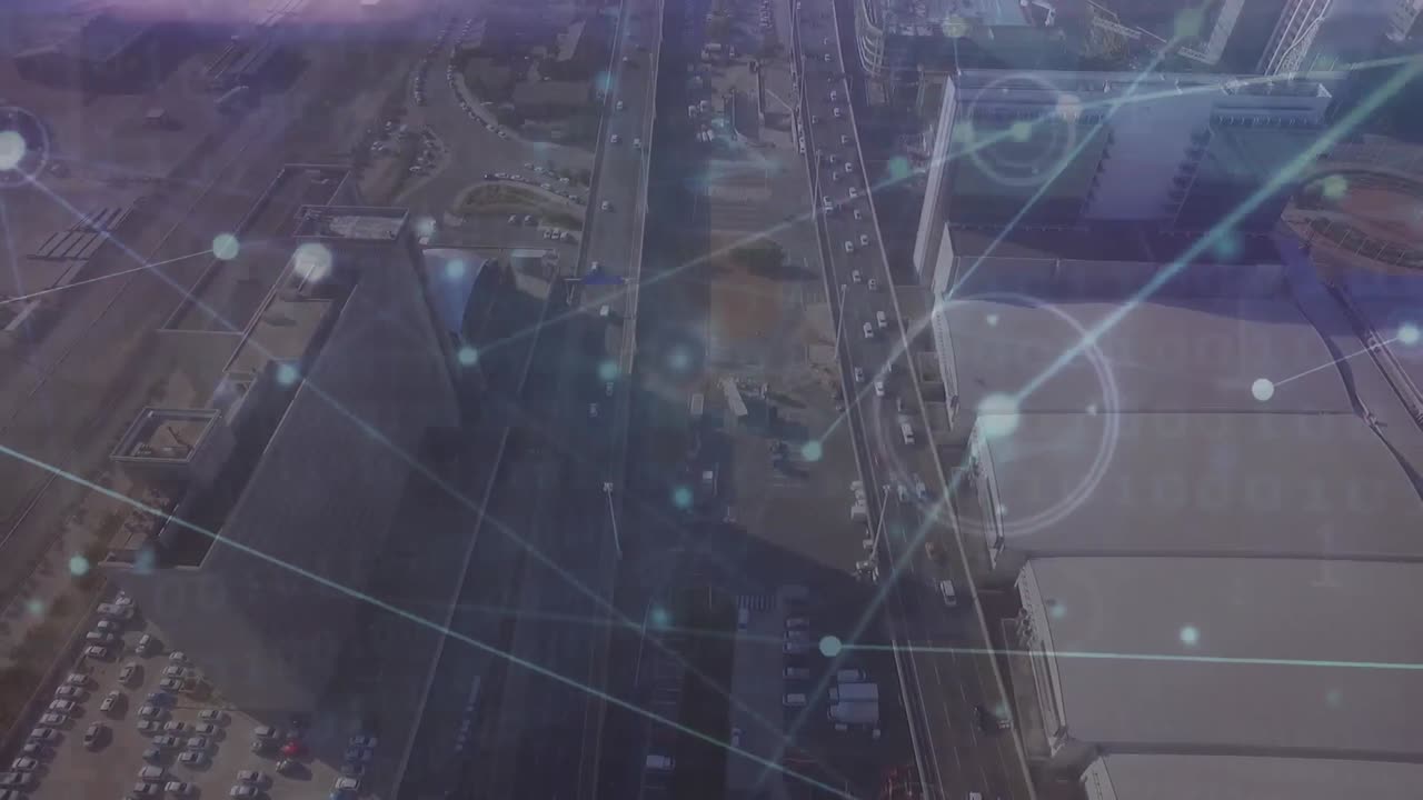 Animazione di una rete di connessioni su una vista aerea del paesaggio urbano