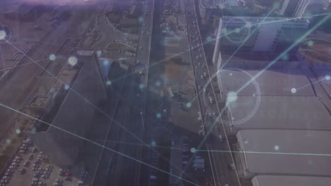 animación de la red de conexiones contra la vista aérea del paisaje urbano