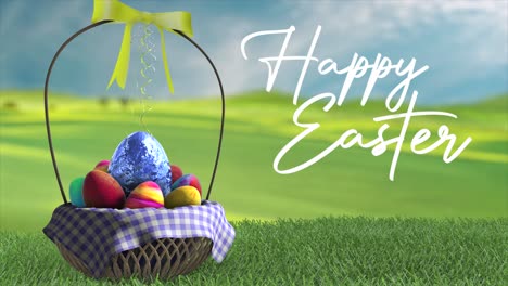 High-quality-3D-animation-of-an-Easter-Basket-full-of-eggs-in-rolling-green-fields,-with-the-message-"Happy-Easter