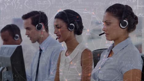 Animation-of-networks-of-connections-over-business-people-using-phone-headsets