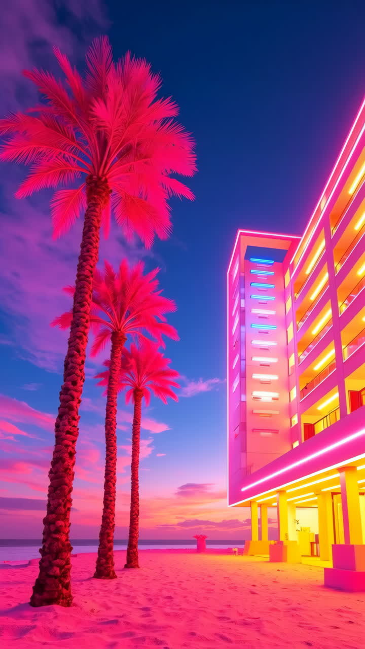 Neon Pink Palm Trees and Glowing Hotel on a Synthwave Beach