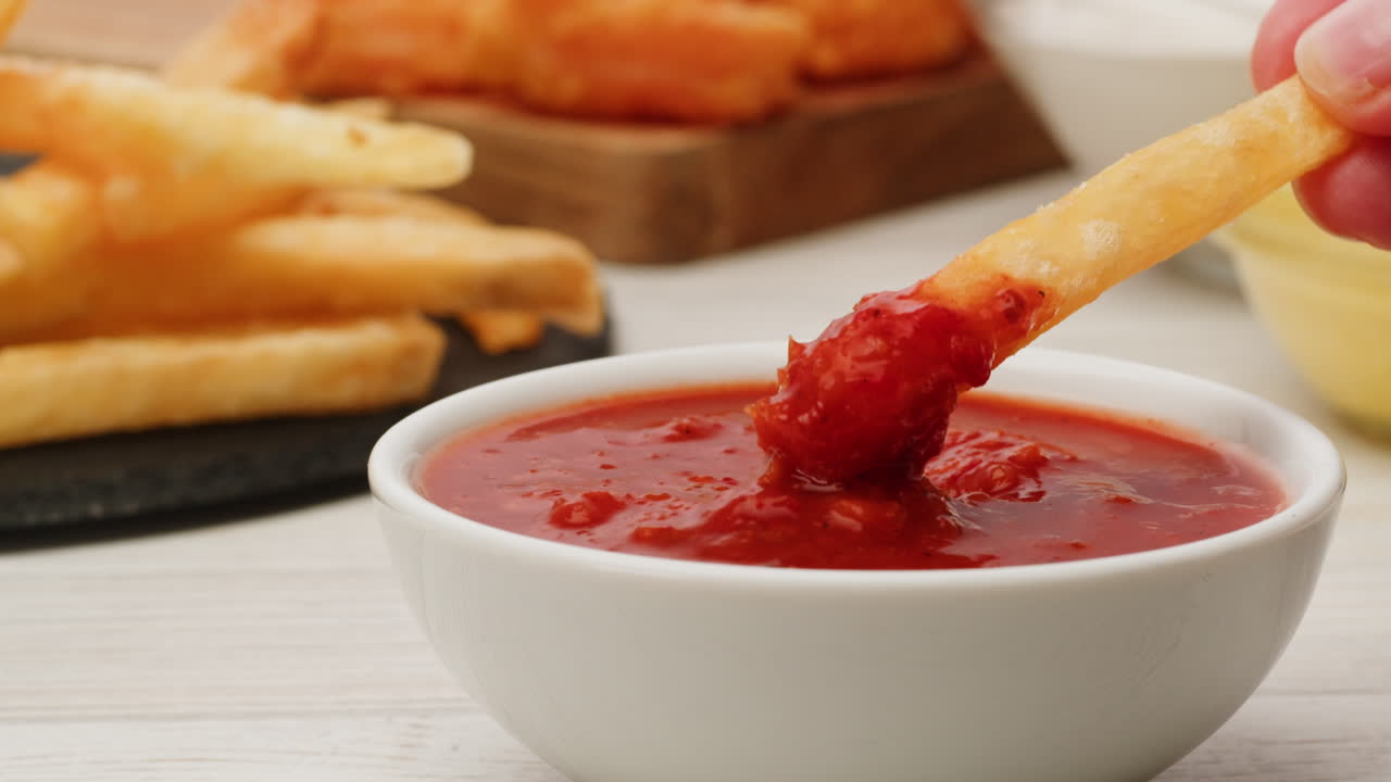 French Fries Dipping in Red Sauce