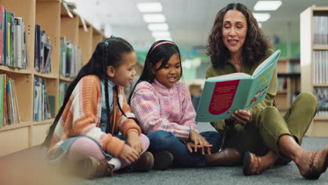 teacher reading to children in a library