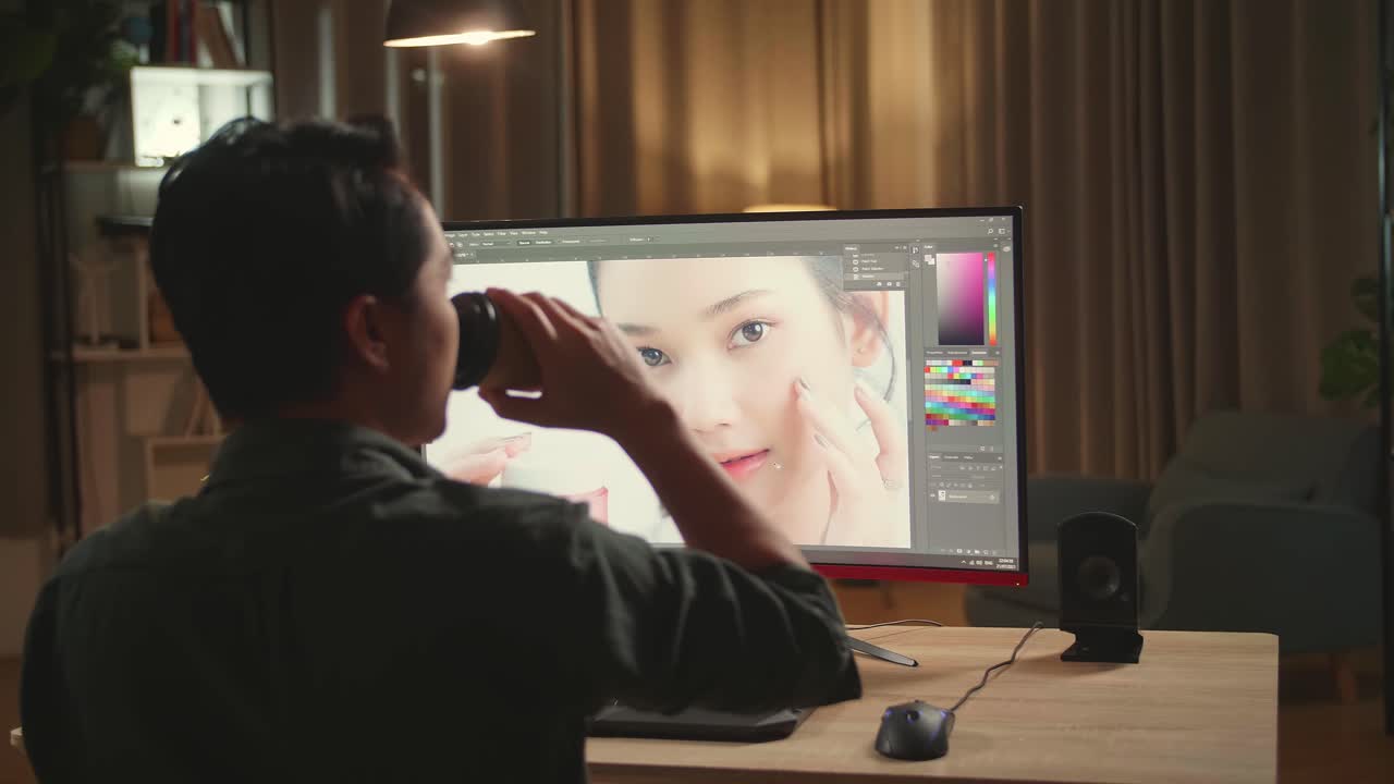 Asian Male Digital Editor Drinking Coffee While Works In Photo Editing Software On His Personal Computer With Big Display, He Works At Night
