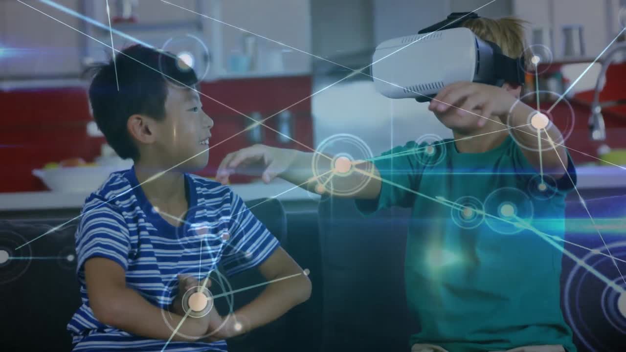 vr 헤드 ⁇ 을 착용한 백인 소년에 대한 연결 네트워크의 애니메이션