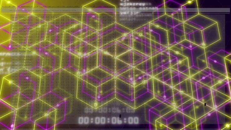 Animation of timer, changing numbers and moving dots over glowing hexagons on black background