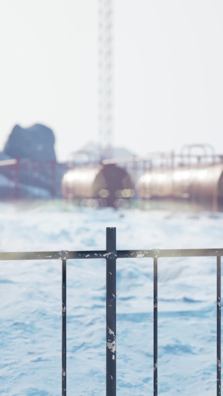 Metallzaun im Winter vor industrieller Kulisse