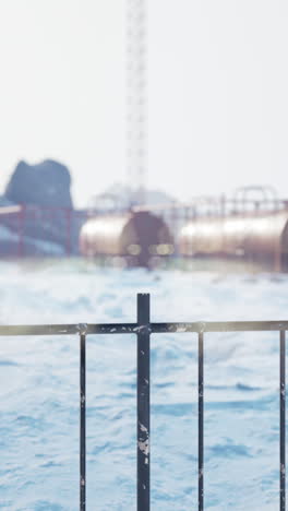 metal fence in winter with industrial background