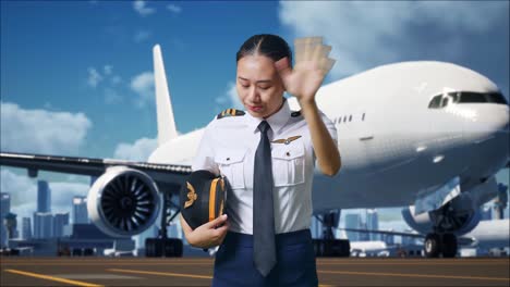 아시아 여성 조종사가 배경 에 비행기 와 함께 공항 에 서 있는 동안 카메라 에 소리치고 있다