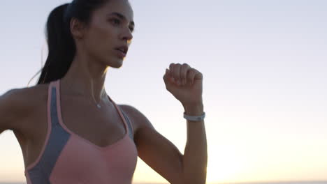 fitness, running and woman on beach with energy