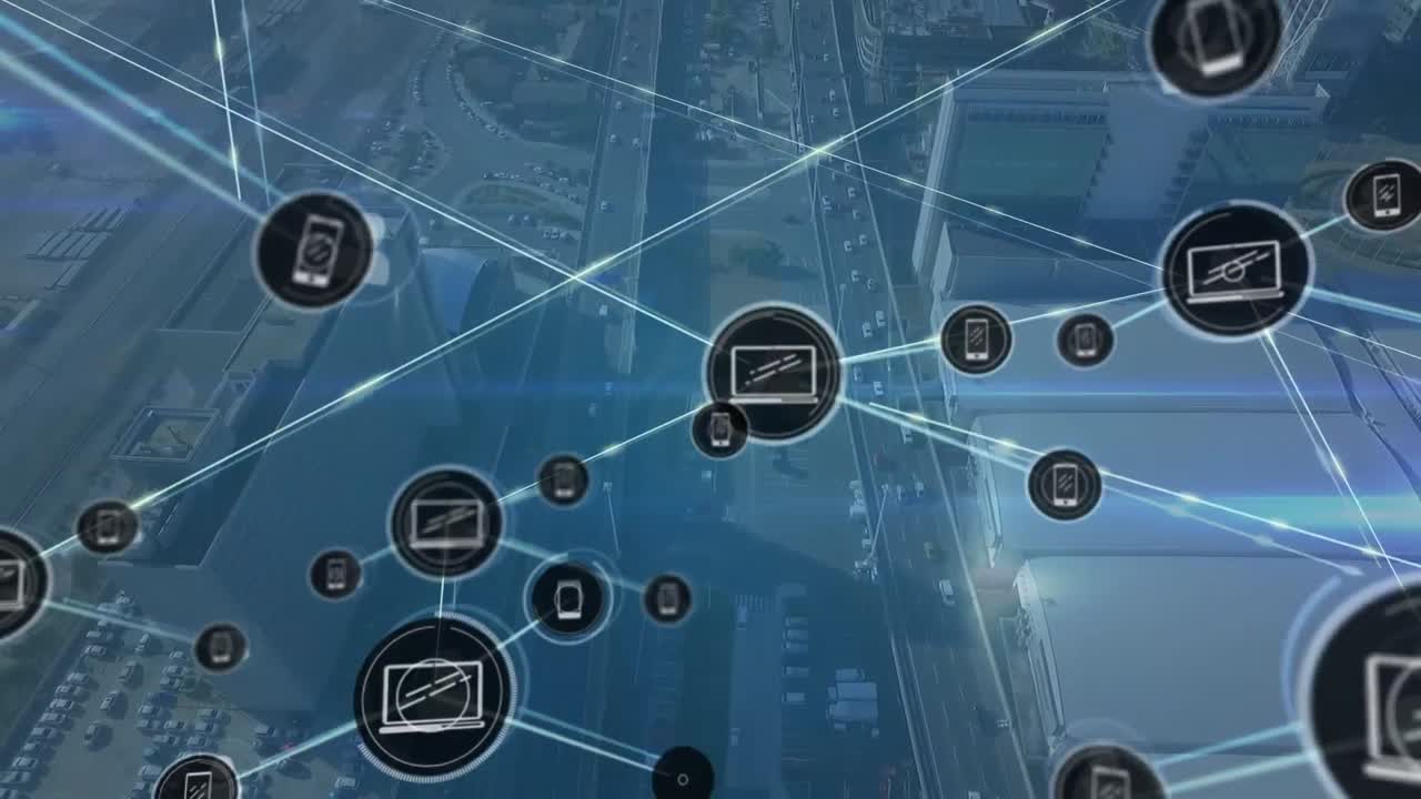 Animazione di una rete di connessioni con icone sul paesaggio cittadino