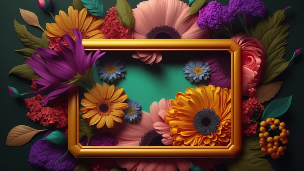 Decorazione con fiori colorati e cornice dorata, decoro dai colori vivaci e ornamento floreale
